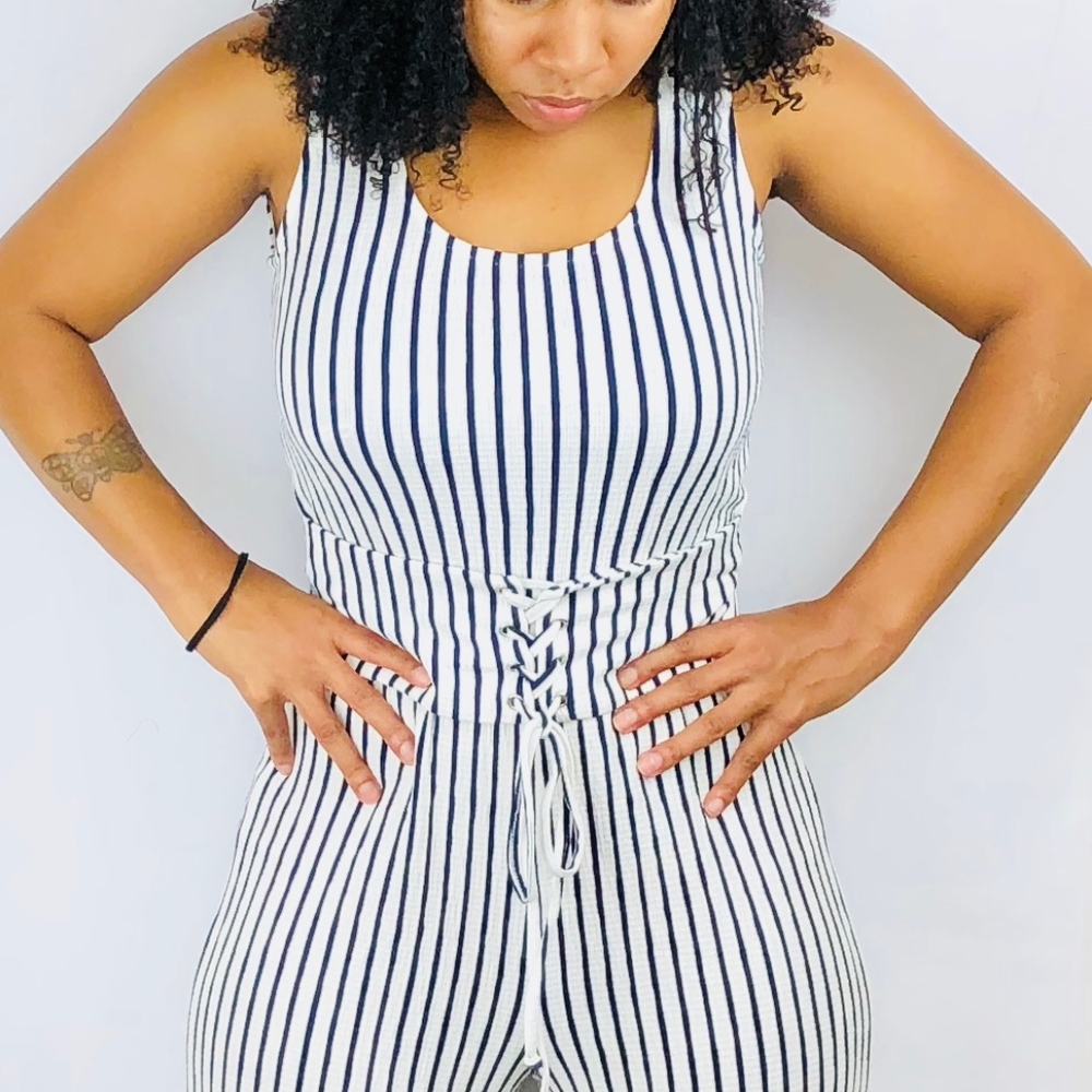Sleeveless Stripe Jumpsuit Navy Blue /White S-M-L